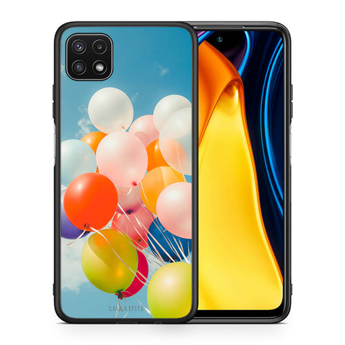 Θήκη Samsung A22 5G Colorful Balloons από τη Smartfits με σχέδιο στο πίσω μέρος και μαύρο περίβλημα | Samsung A22 5G Colorful Balloons case with colorful back and black bezels