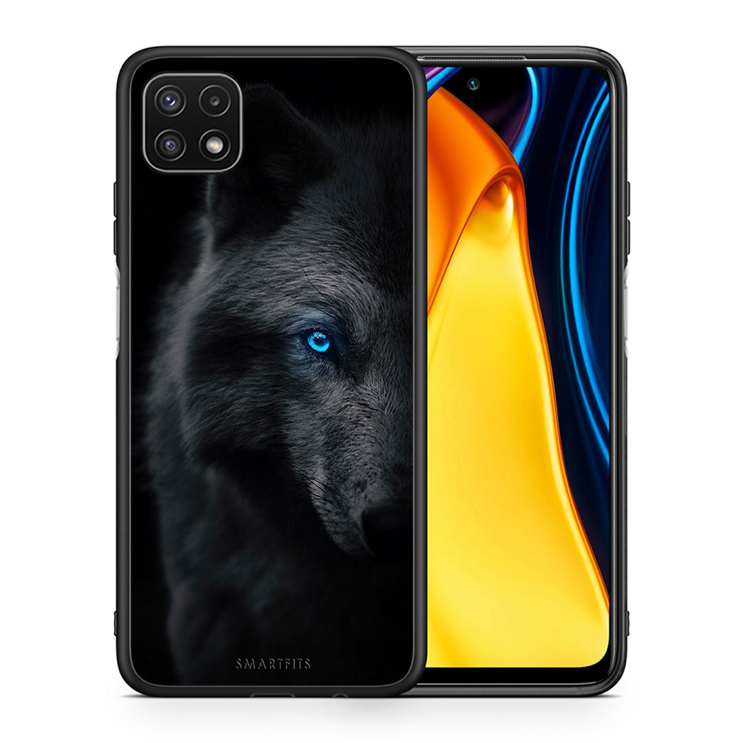 Θήκη Samsung A22 5G Dark Wolf από τη Smartfits με σχέδιο στο πίσω μέρος και μαύρο περίβλημα | Samsung A22 5G Dark Wolf case with colorful back and black bezels