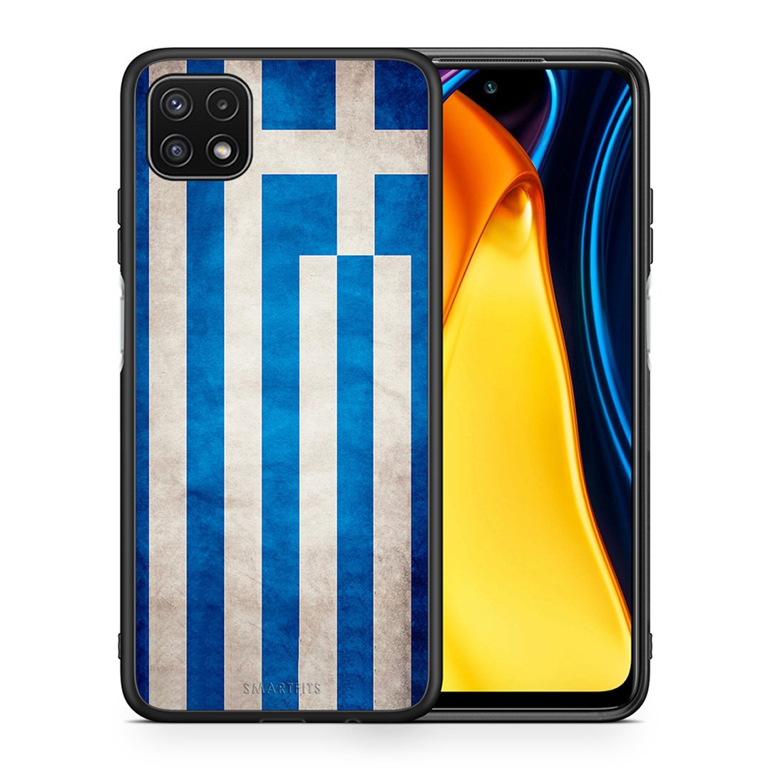 Θήκη Samsung A22 5G Greek Flag από τη Smartfits με σχέδιο στο πίσω μέρος και μαύρο περίβλημα | Samsung A22 5G Greek Flag case with colorful back and black bezels