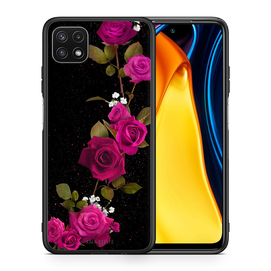 Θήκη Samsung A22 5G Red Roses Flower από τη Smartfits με σχέδιο στο πίσω μέρος και μαύρο περίβλημα | Samsung A22 5G Red Roses Flower case with colorful back and black bezels