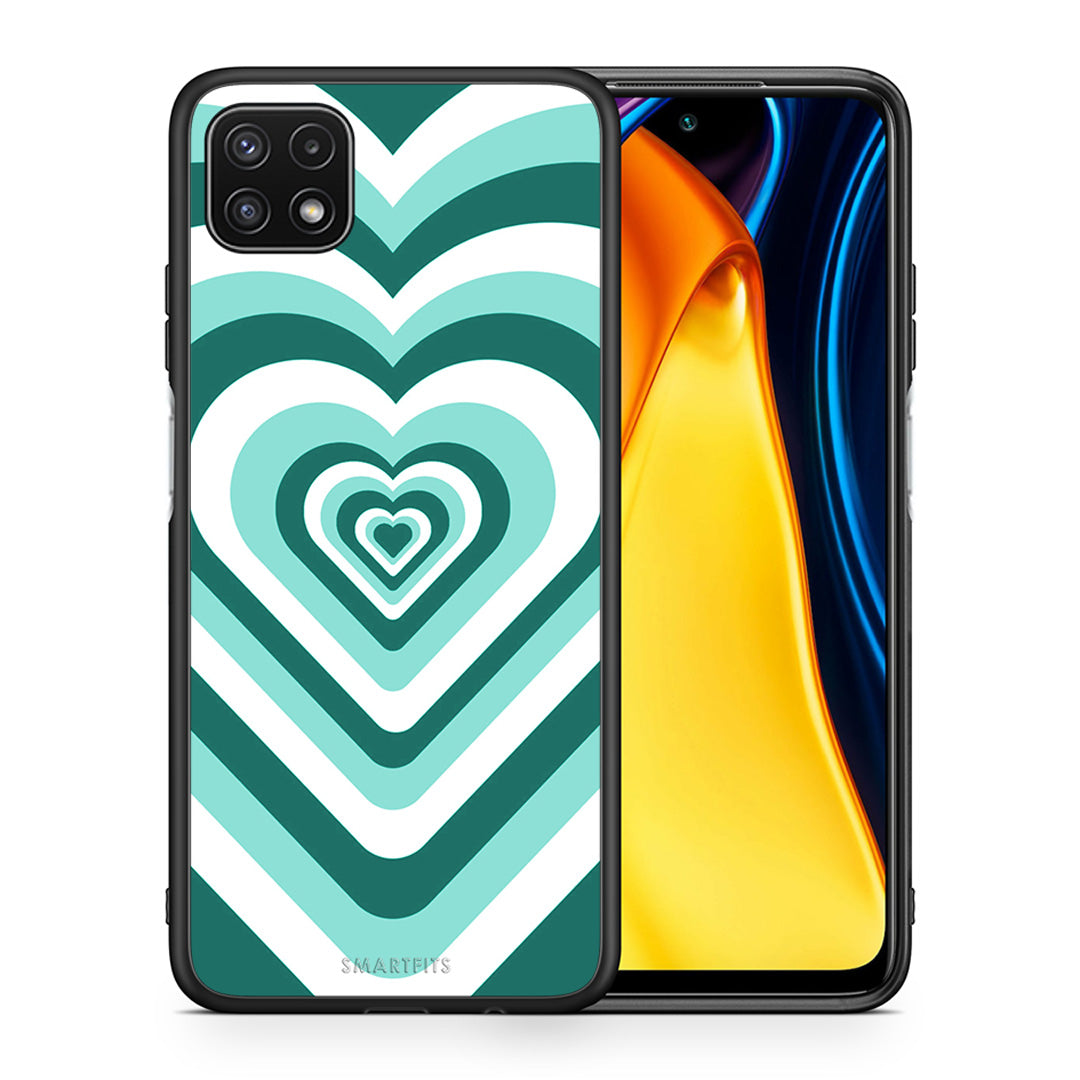 Θήκη Samsung A22 5G Green Hearts από τη Smartfits με σχέδιο στο πίσω μέρος και μαύρο περίβλημα | Samsung A22 5G Green Hearts case with colorful back and black bezels