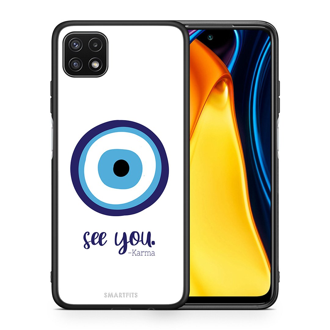 Θήκη Samsung A22 5G Karma Says από τη Smartfits με σχέδιο στο πίσω μέρος και μαύρο περίβλημα | Samsung A22 5G Karma Says case with colorful back and black bezels