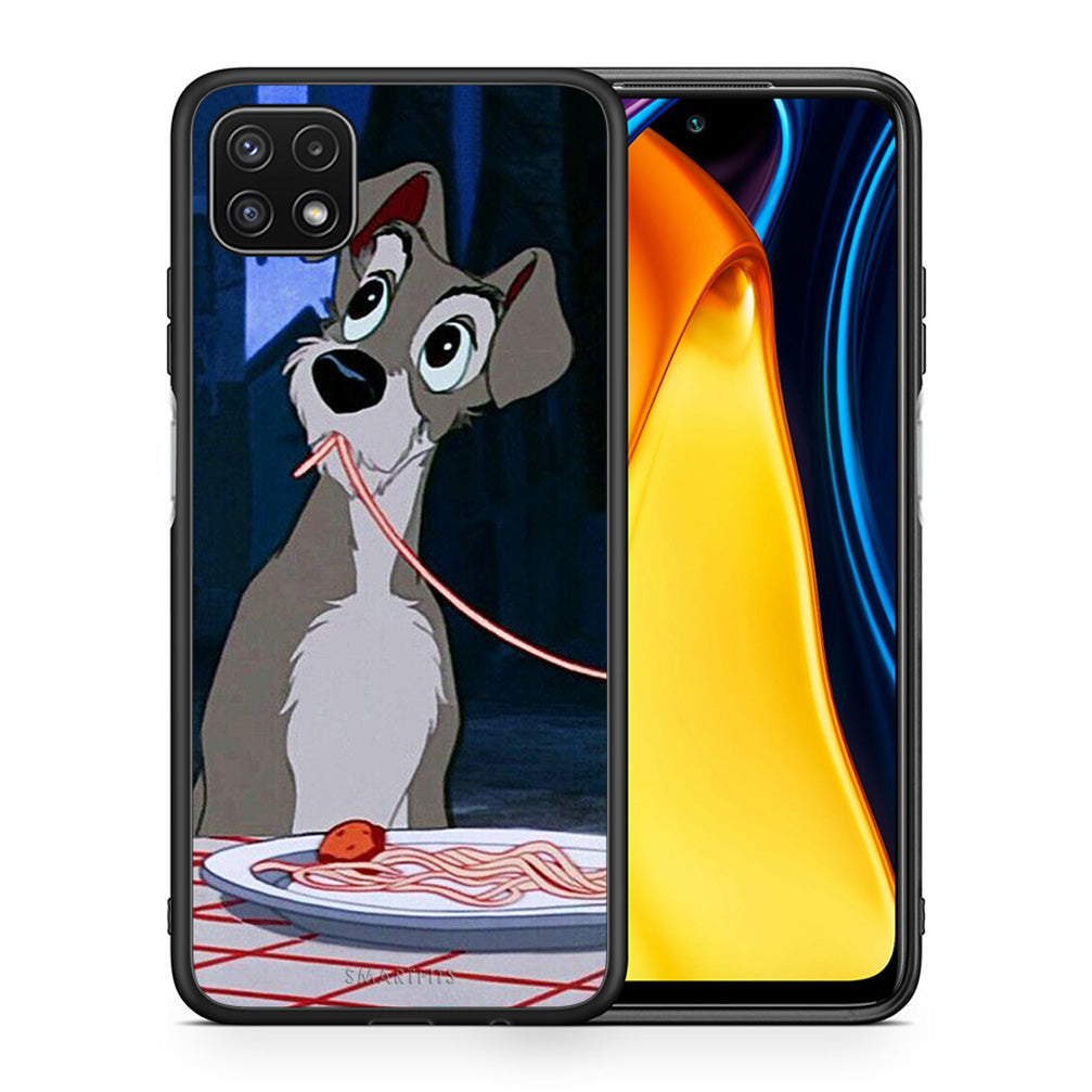 Θήκη Αγίου Βαλεντίνου Samsung A22 5G Lady And Tramp 1 από τη Smartfits με σχέδιο στο πίσω μέρος και μαύρο περίβλημα | Samsung A22 5G Lady And Tramp 1 case with colorful back and black bezels