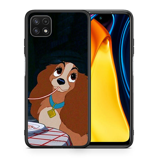 Θήκη Αγίου Βαλεντίνου Samsung A22 5G Lady And Tramp 2 από τη Smartfits με σχέδιο στο πίσω μέρος και μαύρο περίβλημα | Samsung A22 5G Lady And Tramp 2 case with colorful back and black bezels