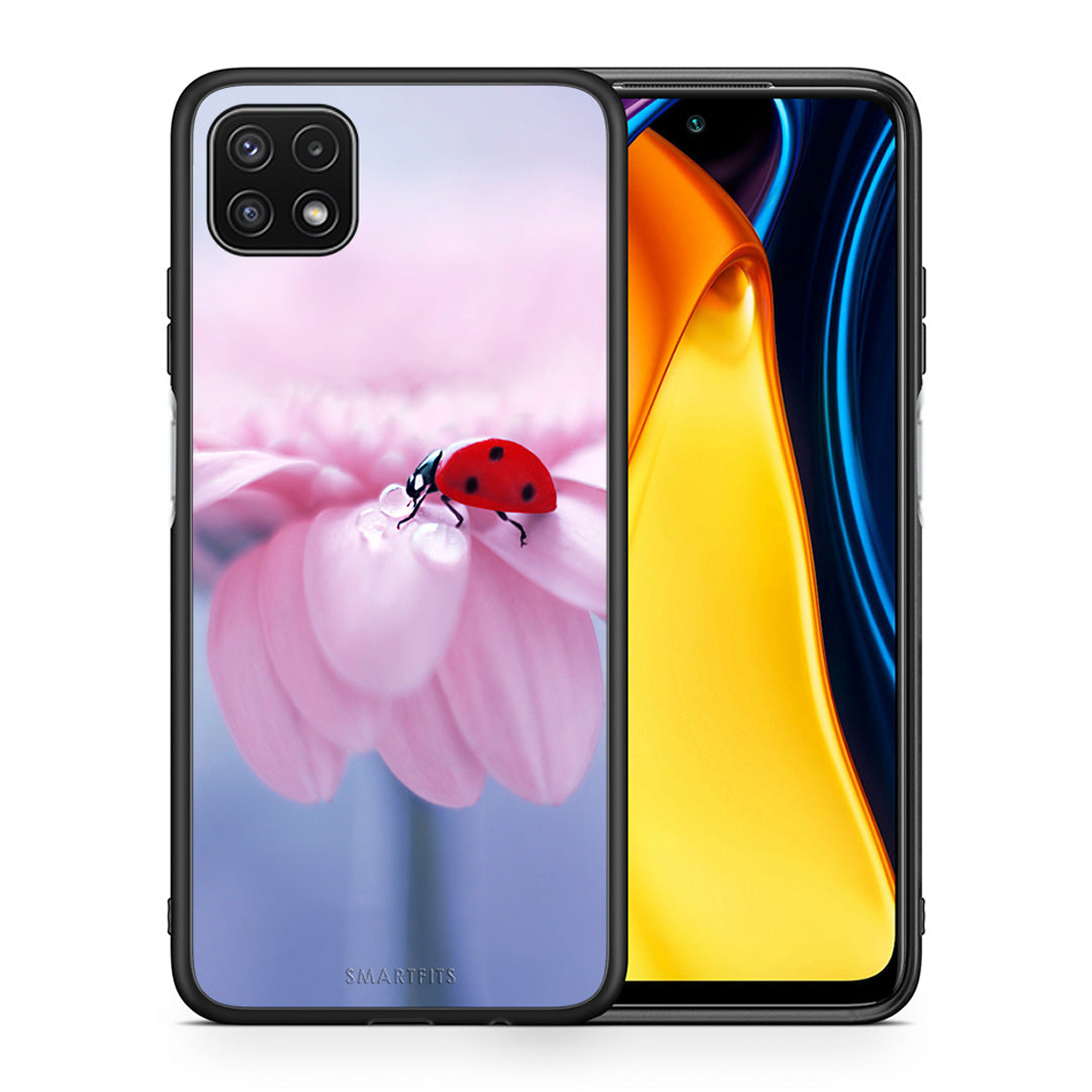 Θήκη Samsung A22 5G Ladybug Flower από τη Smartfits με σχέδιο στο πίσω μέρος και μαύρο περίβλημα | Samsung A22 5G Ladybug Flower case with colorful back and black bezels