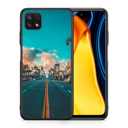 Θήκη Samsung A22 5G City Landscape από τη Smartfits με σχέδιο στο πίσω μέρος και μαύρο περίβλημα | Samsung A22 5G City Landscape case with colorful back and black bezels
