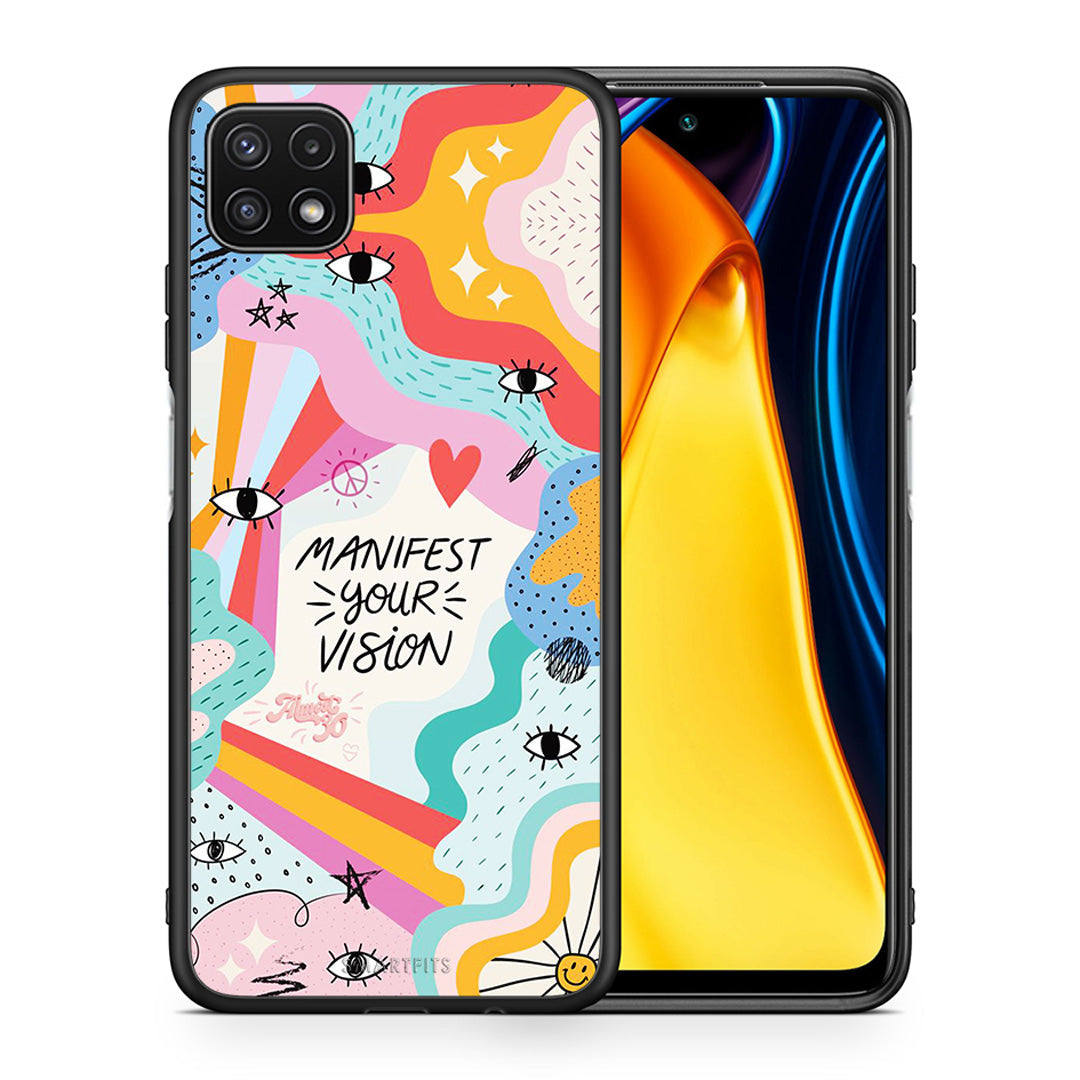 Θήκη Samsung A22 5G Manifest Your Vision από τη Smartfits με σχέδιο στο πίσω μέρος και μαύρο περίβλημα | Samsung A22 5G Manifest Your Vision case with colorful back and black bezels