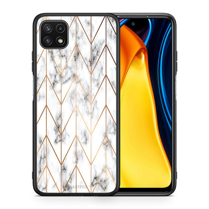 Θήκη Samsung A22 5G Gold Geometric Marble από τη Smartfits με σχέδιο στο πίσω μέρος και μαύρο περίβλημα | Samsung A22 5G Gold Geometric Marble case with colorful back and black bezels