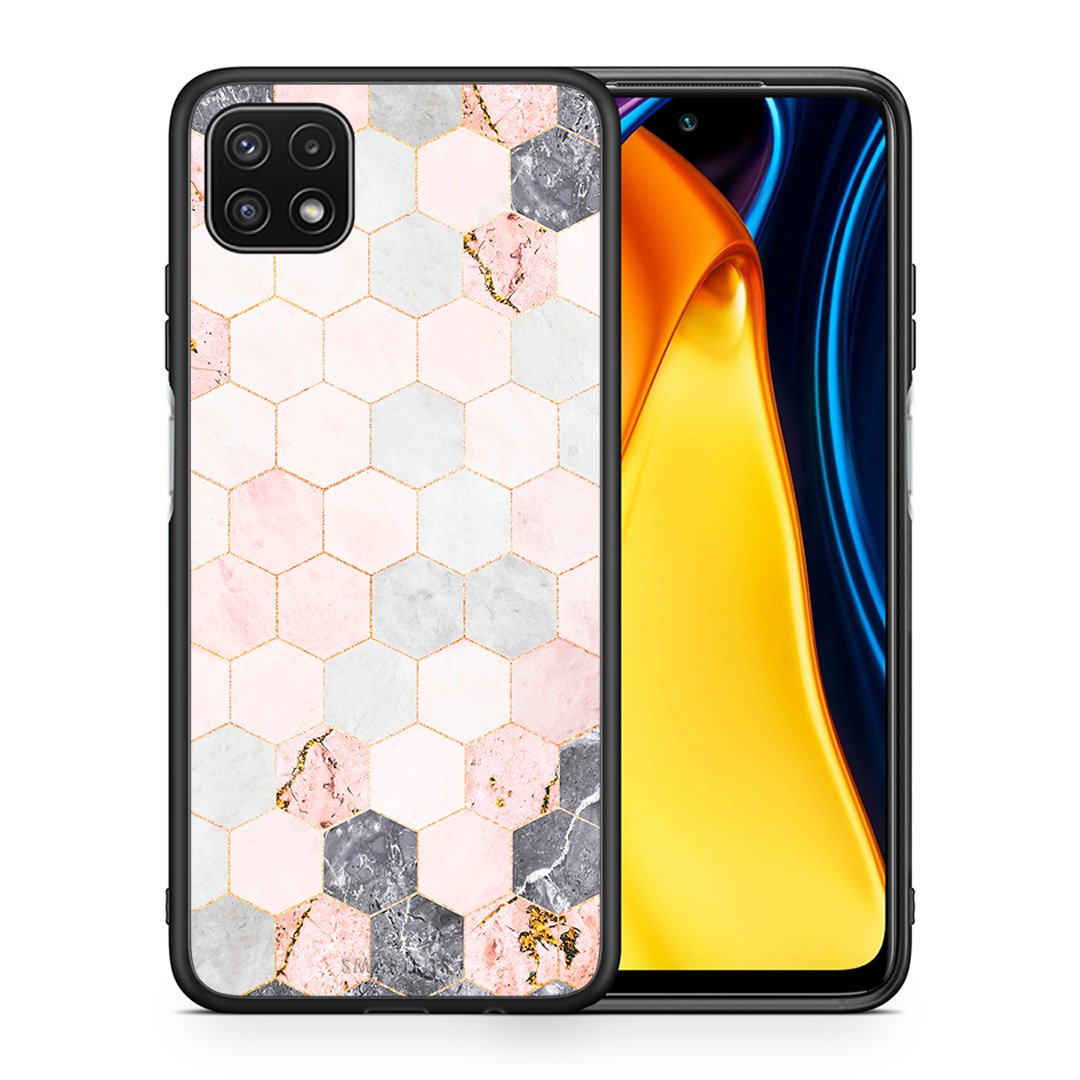 Θήκη Samsung A22 5G Hexagon Pink Marble από τη Smartfits με σχέδιο στο πίσω μέρος και μαύρο περίβλημα | Samsung A22 5G Hexagon Pink Marble case with colorful back and black bezels