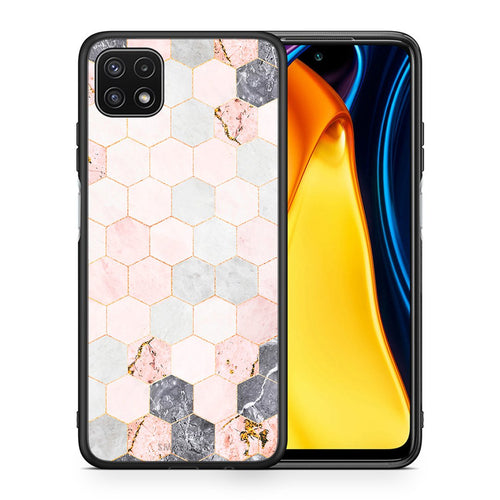 Θήκη Samsung A22 5G Hexagon Pink Marble από τη Smartfits με σχέδιο στο πίσω μέρος και μαύρο περίβλημα | Samsung A22 5G Hexagon Pink Marble case with colorful back and black bezels