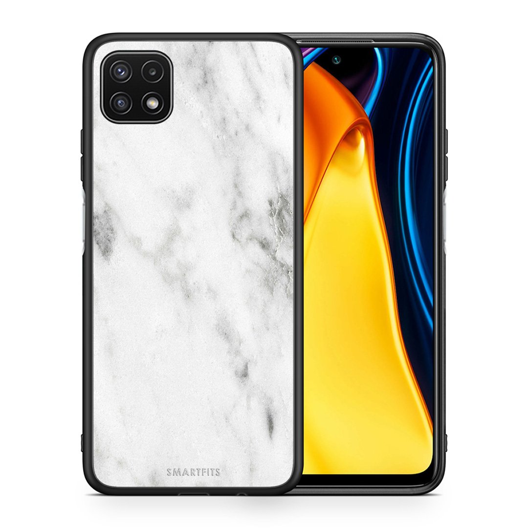 Θήκη Samsung A22 5G White Marble από τη Smartfits με σχέδιο στο πίσω μέρος και μαύρο περίβλημα | Samsung A22 5G White Marble case with colorful back and black bezels