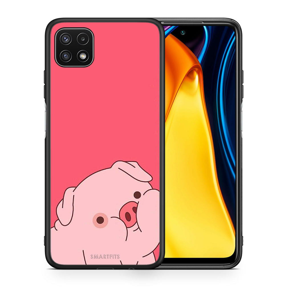 Θήκη Αγίου Βαλεντίνου Samsung A22 5G Pig Love 1 από τη Smartfits με σχέδιο στο πίσω μέρος και μαύρο περίβλημα | Samsung A22 5G Pig Love 1 case with colorful back and black bezels