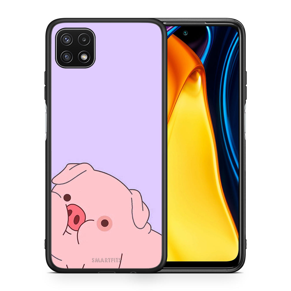 Θήκη Αγίου Βαλεντίνου Samsung A22 5G Pig Love 2 από τη Smartfits με σχέδιο στο πίσω μέρος και μαύρο περίβλημα | Samsung A22 5G Pig Love 2 case with colorful back and black bezels