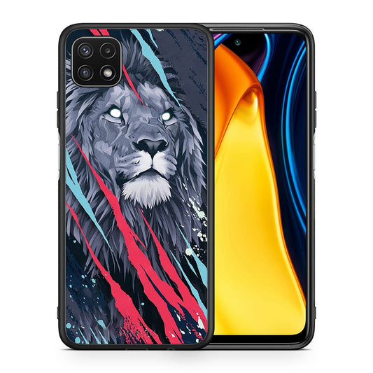 Θήκη Samsung A22 5G Lion Designer PopArt από τη Smartfits με σχέδιο στο πίσω μέρος και μαύρο περίβλημα | Samsung A22 5G Lion Designer PopArt case with colorful back and black bezels