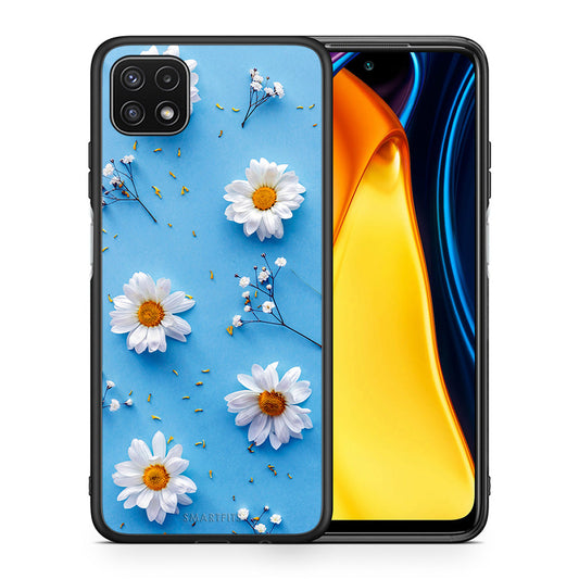 Θήκη Samsung A22 5G Real Daisies από τη Smartfits με σχέδιο στο πίσω μέρος και μαύρο περίβλημα | Samsung A22 5G Real Daisies case with colorful back and black bezels