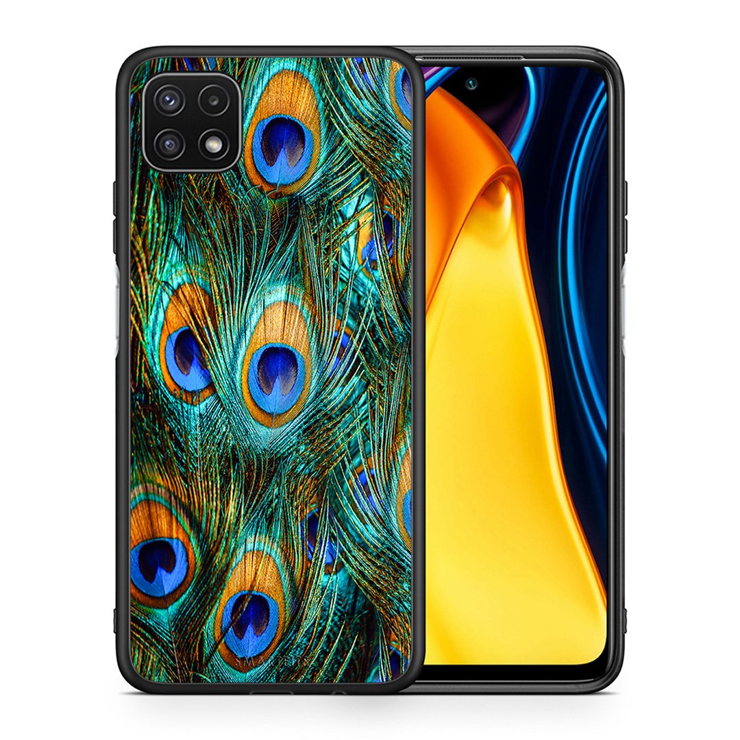 Θήκη Samsung A22 5G Real Peacock Feathers από τη Smartfits με σχέδιο στο πίσω μέρος και μαύρο περίβλημα | Samsung A22 5G Real Peacock Feathers case with colorful back and black bezels