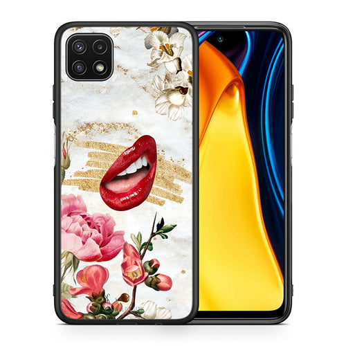 Θήκη Samsung A22 5G Red Lips από τη Smartfits με σχέδιο στο πίσω μέρος και μαύρο περίβλημα | Samsung A22 5G Red Lips case with colorful back and black bezels
