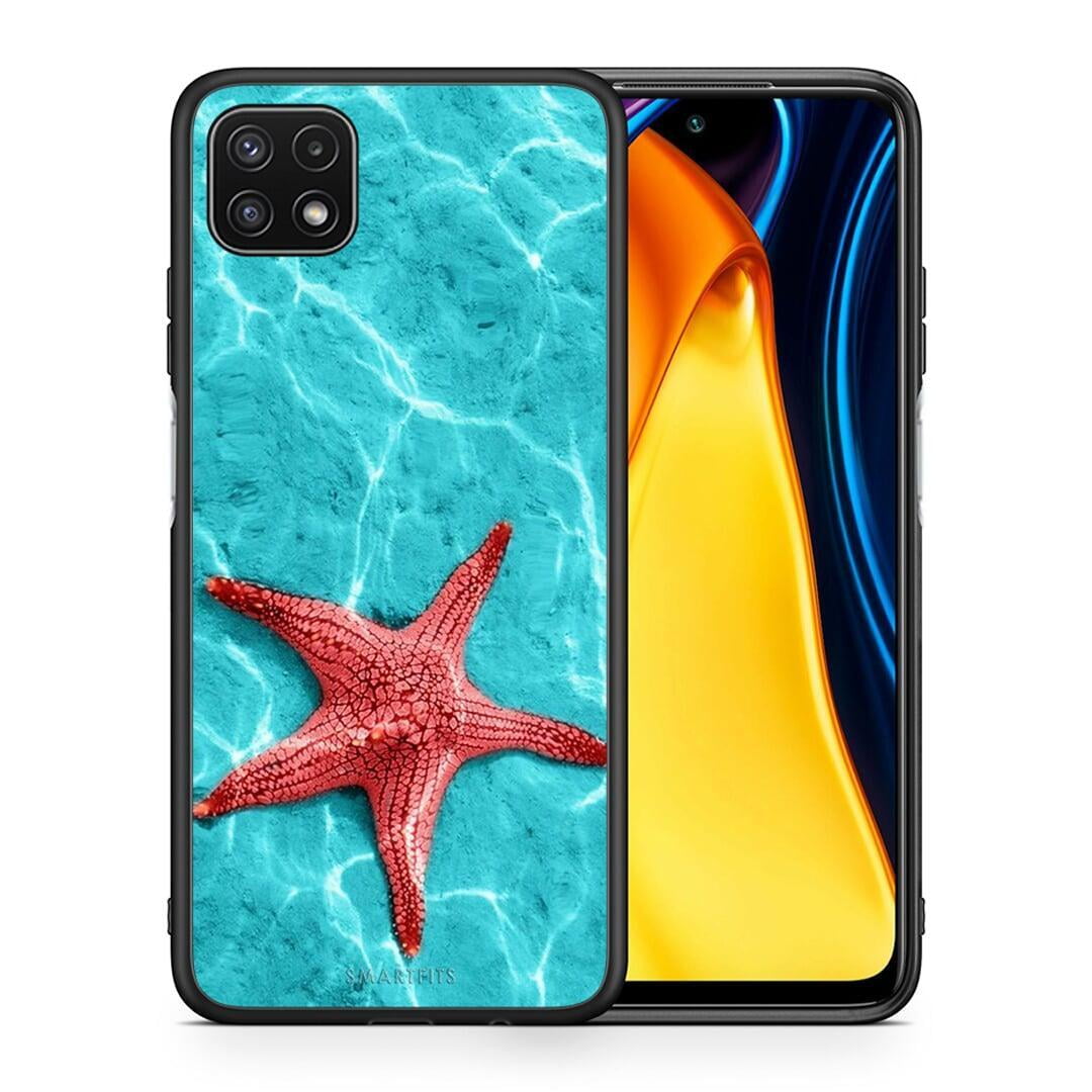 Θήκη Samsung A22 5G Red Starfish από τη Smartfits με σχέδιο στο πίσω μέρος και μαύρο περίβλημα | Samsung A22 5G Red Starfish case with colorful back and black bezels