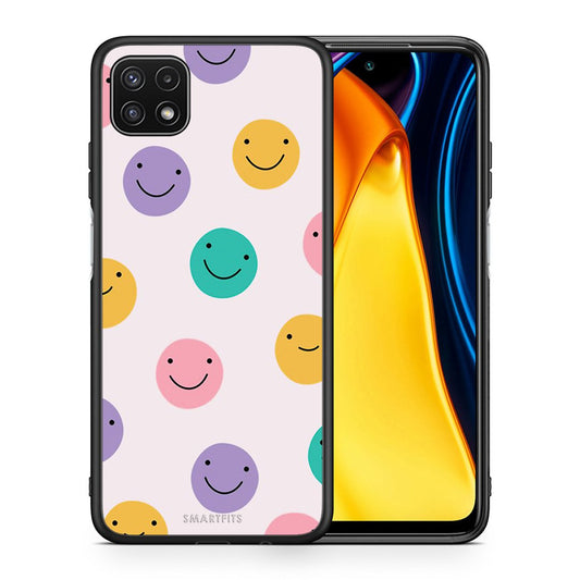 Θήκη Samsung A22 5G Smiley Faces από τη Smartfits με σχέδιο στο πίσω μέρος και μαύρο περίβλημα | Samsung A22 5G Smiley Faces case with colorful back and black bezels