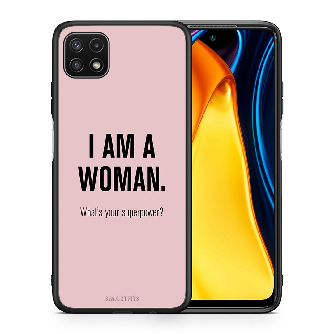 Θήκη Samsung A22 5G Superpower Woman από τη Smartfits με σχέδιο στο πίσω μέρος και μαύρο περίβλημα | Samsung A22 5G Superpower Woman case with colorful back and black bezels