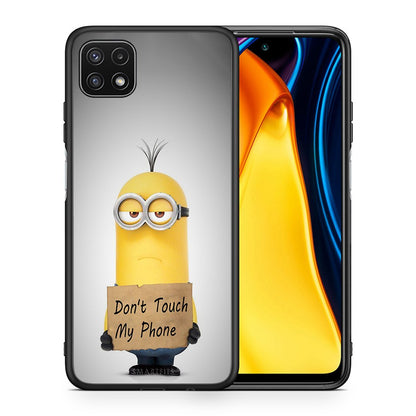 Θήκη Samsung A22 5G Minion Text από τη Smartfits με σχέδιο στο πίσω μέρος και μαύρο περίβλημα | Samsung A22 5G Minion Text case with colorful back and black bezels