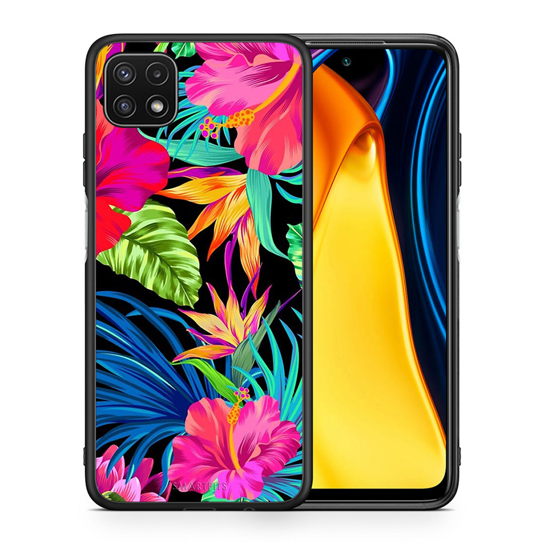 Θήκη Samsung A22 5G Tropical Flowers από τη Smartfits με σχέδιο στο πίσω μέρος και μαύρο περίβλημα | Samsung A22 5G Tropical Flowers case with colorful back and black bezels