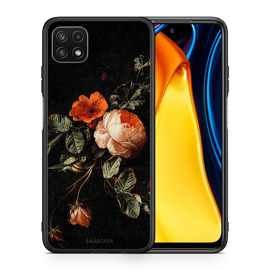 Θήκη Samsung A22 5G Vintage Roses από τη Smartfits με σχέδιο στο πίσω μέρος και μαύρο περίβλημα | Samsung A22 5G Vintage Roses case with colorful back and black bezels