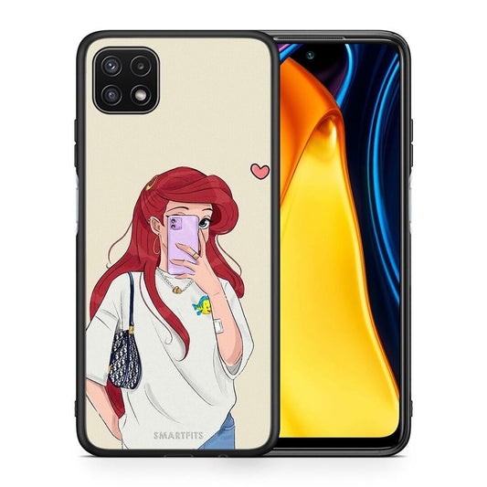 Θήκη Samsung A22 5G Walking Mermaid από τη Smartfits με σχέδιο στο πίσω μέρος και μαύρο περίβλημα | Samsung A22 5G Walking Mermaid case with colorful back and black bezels