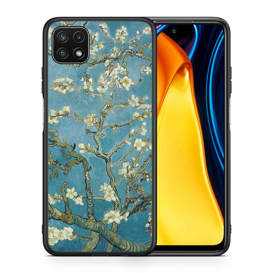 Θήκη Samsung A22 5G White Blossoms από τη Smartfits με σχέδιο στο πίσω μέρος και μαύρο περίβλημα | Samsung A22 5G White Blossoms case with colorful back and black bezels