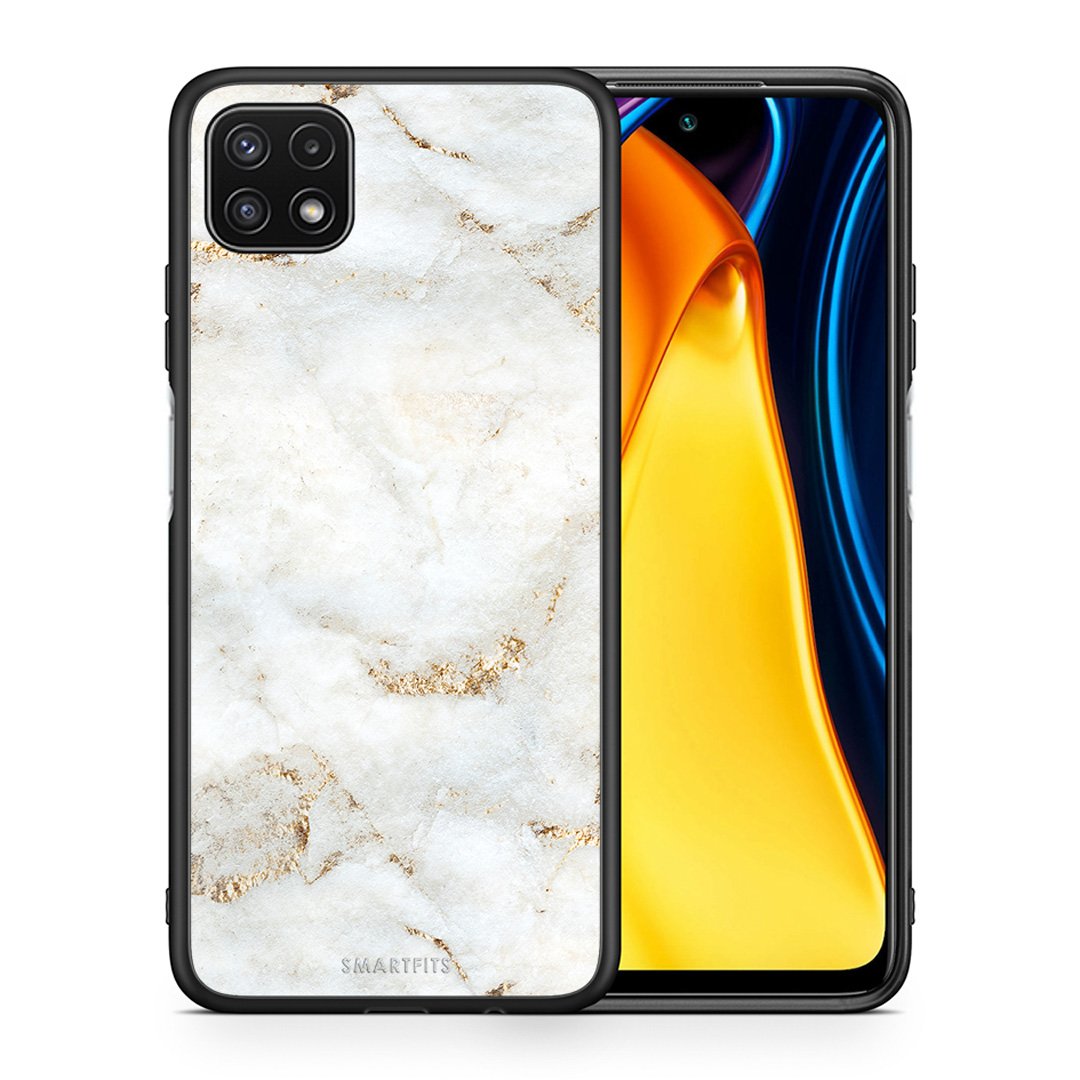 Θήκη Samsung A22 5G White Gold Marble από τη Smartfits με σχέδιο στο πίσω μέρος και μαύρο περίβλημα | Samsung A22 5G White Gold Marble case with colorful back and black bezels