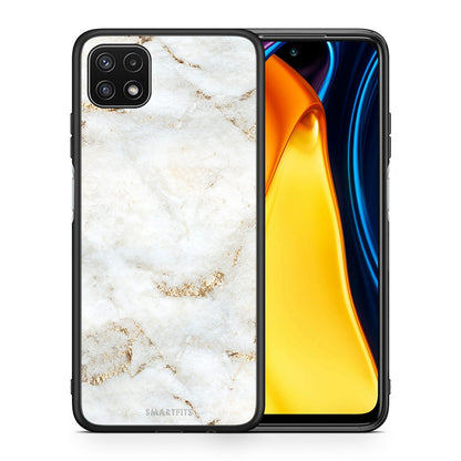 Θήκη Samsung A22 5G White Gold Marble από τη Smartfits με σχέδιο στο πίσω μέρος και μαύρο περίβλημα | Samsung A22 5G White Gold Marble case with colorful back and black bezels