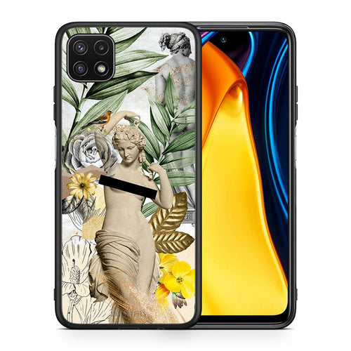 Θήκη Samsung A22 5G Woman Statue από τη Smartfits με σχέδιο στο πίσω μέρος και μαύρο περίβλημα | Samsung A22 5G Woman Statue case with colorful back and black bezels
