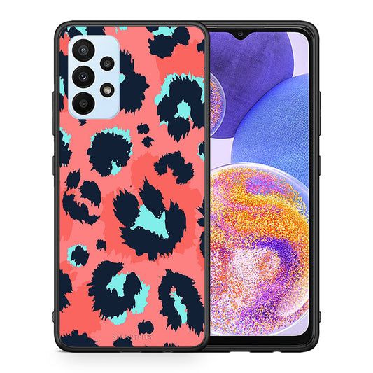 Θήκη Samsung A23 Pink Leopard Animal από τη Smartfits με σχέδιο στο πίσω μέρος και μαύρο περίβλημα | Samsung A23 Pink Leopard Animal case with colorful back and black bezels