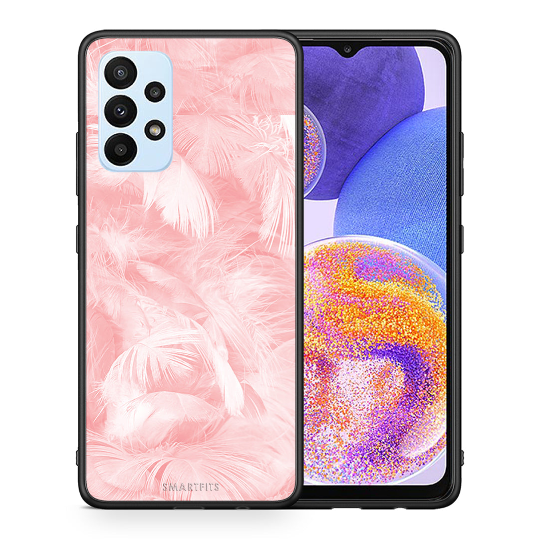 Θήκη Samsung A23 Pink Feather Boho από τη Smartfits με σχέδιο στο πίσω μέρος και μαύρο περίβλημα | Samsung A23 Pink Feather Boho case with colorful back and black bezels