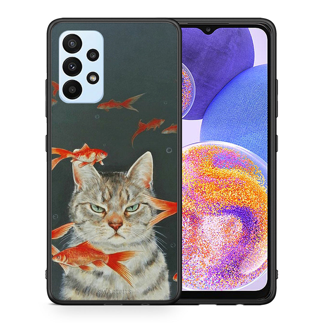 Θήκη Samsung A23 Cat Goldfish από τη Smartfits με σχέδιο στο πίσω μέρος και μαύρο περίβλημα | Samsung A23 Cat Goldfish case with colorful back and black bezels