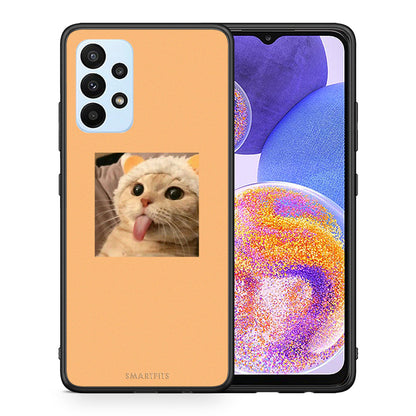 Θήκη Samsung A23 Cat Tongue από τη Smartfits με σχέδιο στο πίσω μέρος και μαύρο περίβλημα | Samsung A23 Cat Tongue case with colorful back and black bezels