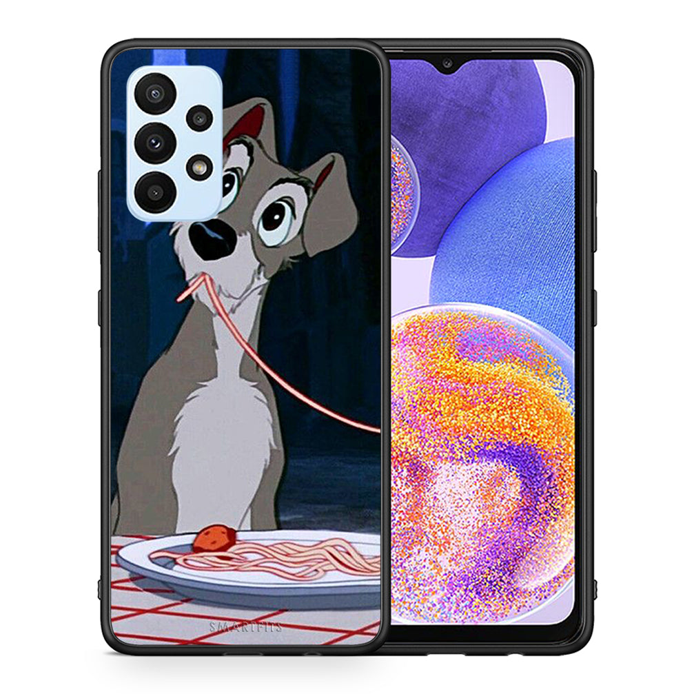 Θήκη Αγίου Βαλεντίνου Samsung A23 Lady And Tramp 1 από τη Smartfits με σχέδιο στο πίσω μέρος και μαύρο περίβλημα | Samsung A23 Lady And Tramp 1 case with colorful back and black bezels