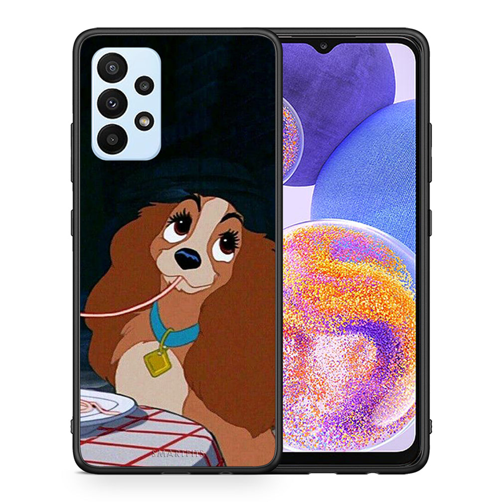 Θήκη Αγίου Βαλεντίνου Samsung A23 Lady And Tramp 2 από τη Smartfits με σχέδιο στο πίσω μέρος και μαύρο περίβλημα | Samsung A23 Lady And Tramp 2 case with colorful back and black bezels