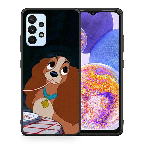 Θήκη Αγίου Βαλεντίνου Samsung A23 Lady And Tramp 2 από τη Smartfits με σχέδιο στο πίσω μέρος και μαύρο περίβλημα | Samsung A23 Lady And Tramp 2 case with colorful back and black bezels