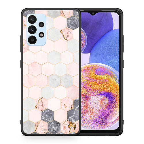 Θήκη Samsung A23 Hexagon Pink Marble από τη Smartfits με σχέδιο στο πίσω μέρος και μαύρο περίβλημα | Samsung A23 Hexagon Pink Marble case with colorful back and black bezels
