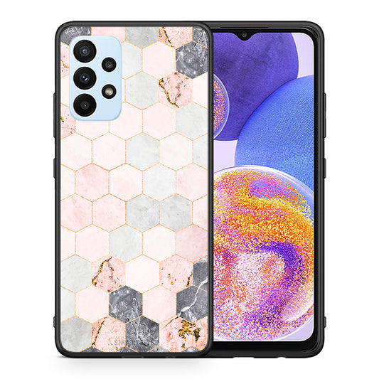 Θήκη Samsung A23 Hexagon Pink Marble από τη Smartfits με σχέδιο στο πίσω μέρος και μαύρο περίβλημα | Samsung A23 Hexagon Pink Marble case with colorful back and black bezels