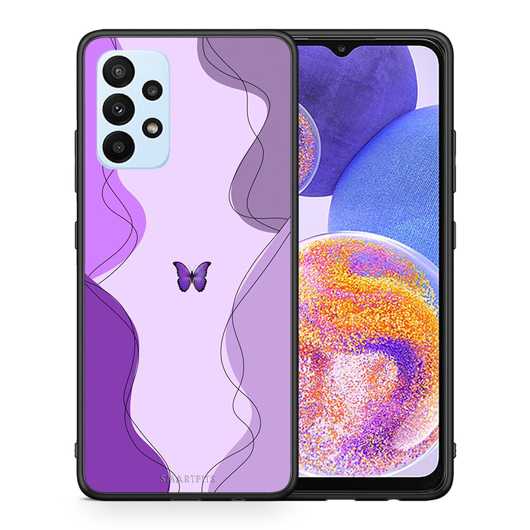 Θήκη Αγίου Βαλεντίνου Samsung A23 Purple Mariposa από τη Smartfits με σχέδιο στο πίσω μέρος και μαύρο περίβλημα | Samsung A23 Purple Mariposa case with colorful back and black bezels