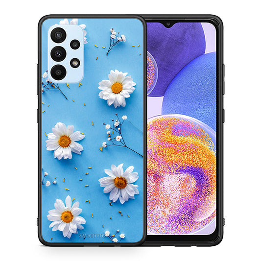 Θήκη Samsung A23 Real Daisies από τη Smartfits με σχέδιο στο πίσω μέρος και μαύρο περίβλημα | Samsung A23 Real Daisies case with colorful back and black bezels