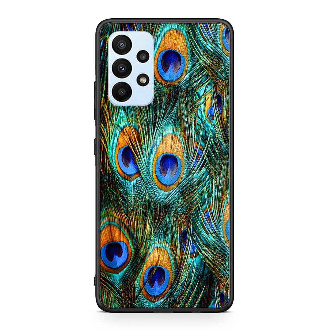 Samsung A23 Real Peacock Feathers θήκη από τη Smartfits με σχέδιο στο πίσω μέρος και μαύρο περίβλημα | Smartphone case with colorful back and black bezels by Smartfits