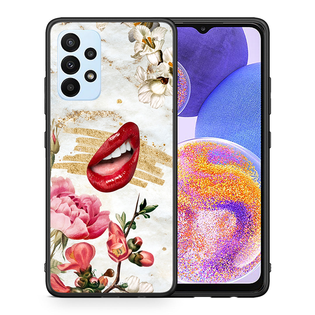 Θήκη Samsung A23 Red Lips από τη Smartfits με σχέδιο στο πίσω μέρος και μαύρο περίβλημα | Samsung A23 Red Lips case with colorful back and black bezels