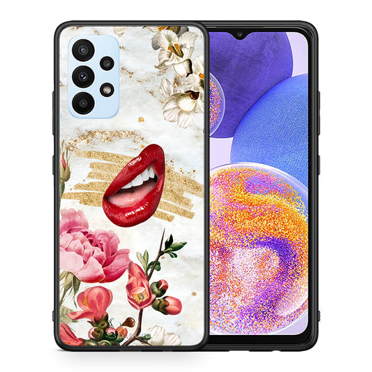 Θήκη Samsung A23 Red Lips από τη Smartfits με σχέδιο στο πίσω μέρος και μαύρο περίβλημα | Samsung A23 Red Lips case with colorful back and black bezels
