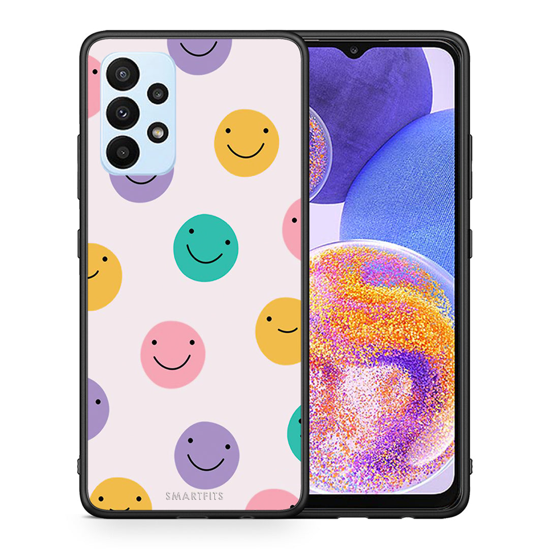 Θήκη Samsung A23 Smiley Faces από τη Smartfits με σχέδιο στο πίσω μέρος και μαύρο περίβλημα | Samsung A23 Smiley Faces case with colorful back and black bezels