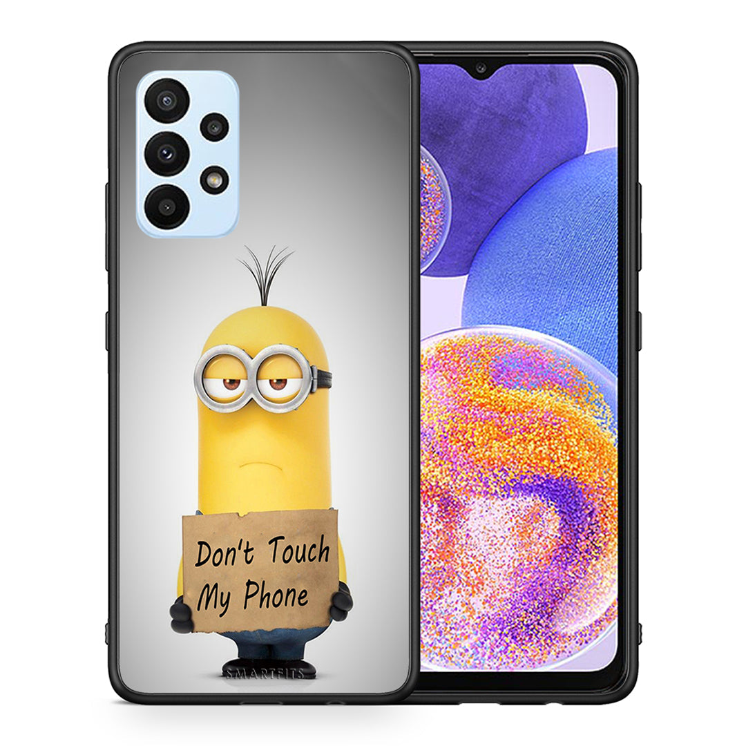 Θήκη Samsung A23 Minion Text από τη Smartfits με σχέδιο στο πίσω μέρος και μαύρο περίβλημα | Samsung A23 Minion Text case with colorful back and black bezels