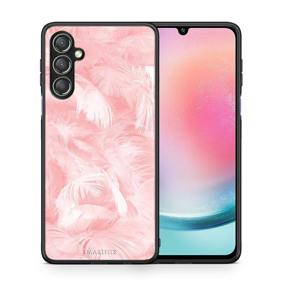 Θήκη Samsung Galaxy A24 4G Boho Pink Feather από τη Smartfits με σχέδιο στο πίσω μέρος και μαύρο περίβλημα | Samsung Galaxy A24 4G Boho Pink Feather Case with Colorful Back and Black Bezels