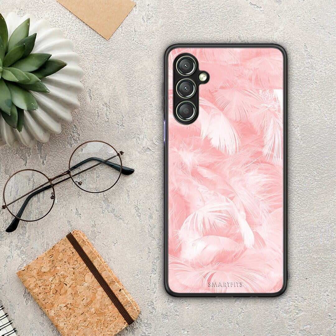 Θήκη Samsung Galaxy A24 4G Boho Pink Feather από τη Smartfits με σχέδιο στο πίσω μέρος και μαύρο περίβλημα | Samsung Galaxy A24 4G Boho Pink Feather Case with Colorful Back and Black Bezels